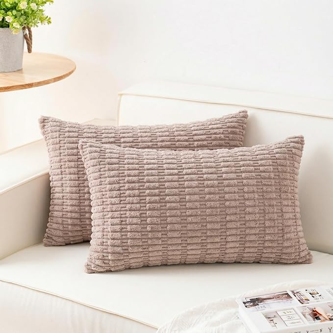 Pack of 2 Corduroy Decorative Throw Pillow Covers 12x24 Inch, Light Brown | Fall Soft Striped Pillow Covers Modern Farmhouse Home Decor Christmas Throw Pillow Covers for Sofa Living Room Couch Bed
