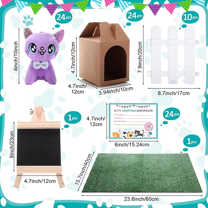 84 Pcs Adopt a Pet Party Favors 24 Mini Plush Stuffed Animals 10 White Plastic Fence 24 Paper Gift Boxes 24 Adoption Cards with Mini Chalkboard and Artificial Lawn(Kitten)