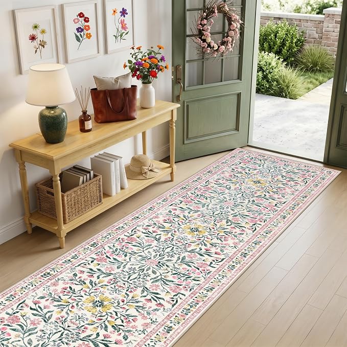 Runner Rug for Entryway: 2.6x10 Kitchen Rugs Non Slip Washable Ultra-Thin Soft Floral Carpet Indoor Floor Stain Resistant Carpets for Hallway Bedroom Kitchen Laundry Bathroom Dorm Pink/Green