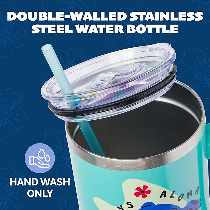 Silver Buffalo Disney Lilo and Stitch Aloha No Bad Days Chillin’ Double Walled Stainless Steel Tumbler with Handle and Straw, Fits in Standard Cup Holder, 40 Ounces