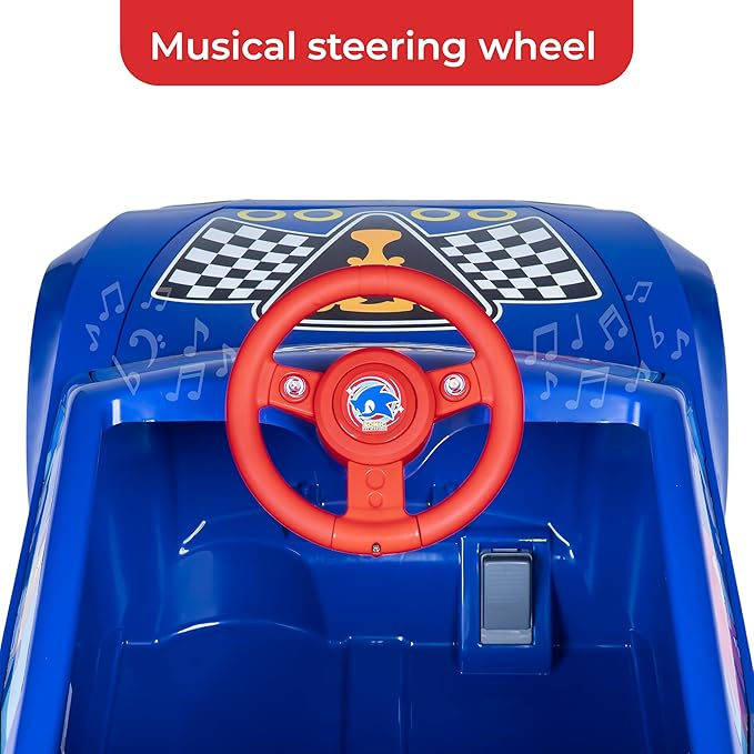 Sonic The Hedgehog 6V Grand Prix Kids Ride on Car, Rechargeable Battery, Working Headlights, Sounds, Hood Storage, 1.9mph Speed, Exciting Ride On Toys for Children Ages 3 and Up