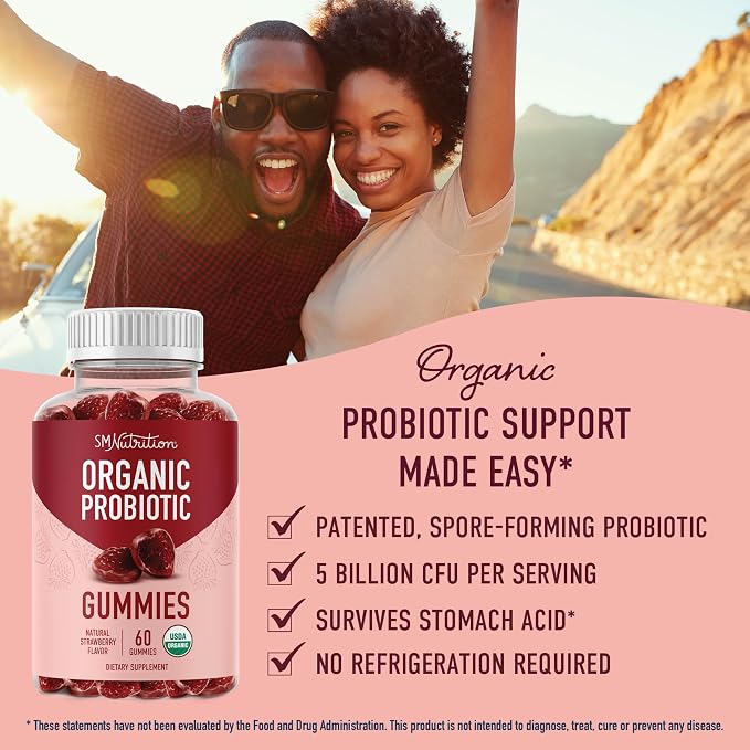 Organic Probiotics Gummies, 5 Billion CFU Probiotics for Digestive Health | Immune Support, With Hardy Bacillus Subtilis, Strawberry Gummies, Shelf Stable, Gluten-Free, Vegan, 60 Ct (1 Month Supply)