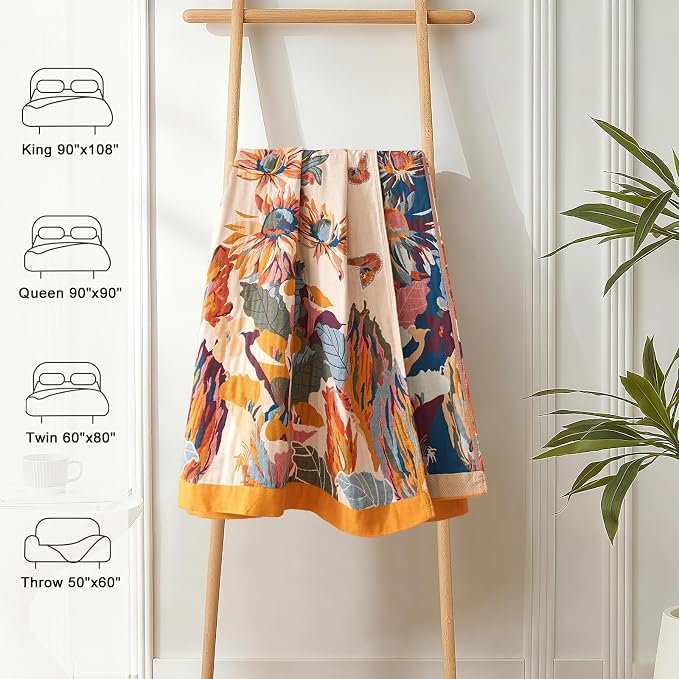 LUTBM Boho Throw Blanket for Couch 50"x60", 100% Cotton Summer Bed Blankets | Reversible Floral Butterfly Jacquard, All-Season, For Chair Sofa Living Room, Lightweight & Breathable Gauze, Bohemian Decor