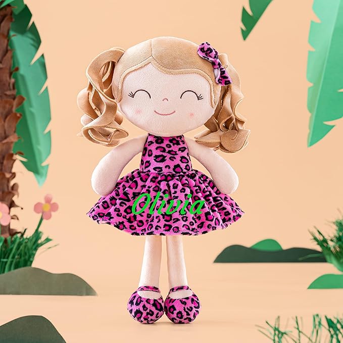 Gloveleya Personalized Baby Doll – Custom Name Plush Rag Doll 12” | Pink Leopard Dress | Birthday, Christmas for Girls & Toddlers