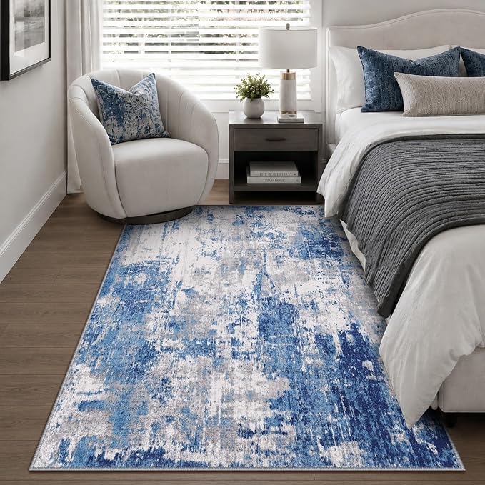 RELEANY Washable 4'x6' Abstract Area Rug for Living Room Blue Gray | carpet for bedroom, kitchen, office, hallway and entryway, printed pattern, non-slip, soft, stain-resistant, easy to clean