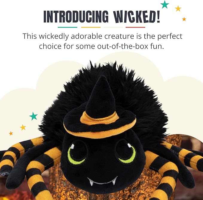 Wicked Fuzzy Spider Stuffed Animal with Witch Hat | Cute Halloween Plush | Surface Washable | Perfect for Spooky Home Decor - Wicked, 8 Inch