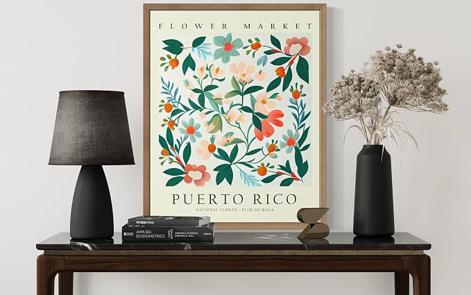 Puerto Rico Flower Market Art Print Poster, Wall Art Floral Painting Botanical Decor for Bedroom, Kitchen, Bathroom Livingroom Decoration 82B (Puerto Rico, 10"L x 8"W, Wood Frame)