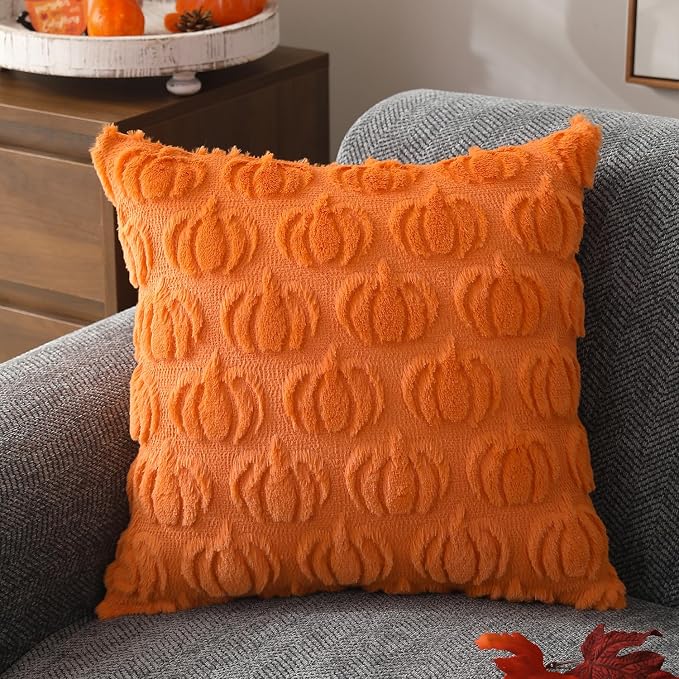 DFXSZ Fall Pillow Covers 20x20 2Pcs Orange Pumpkin Fall Decoration for Home | Fall decor Set of 2 Throw Pillow Cases Soft Plush Faux Fur Wool Couch Cushion for Chair Sofa Bedroom Living Room Home Decor