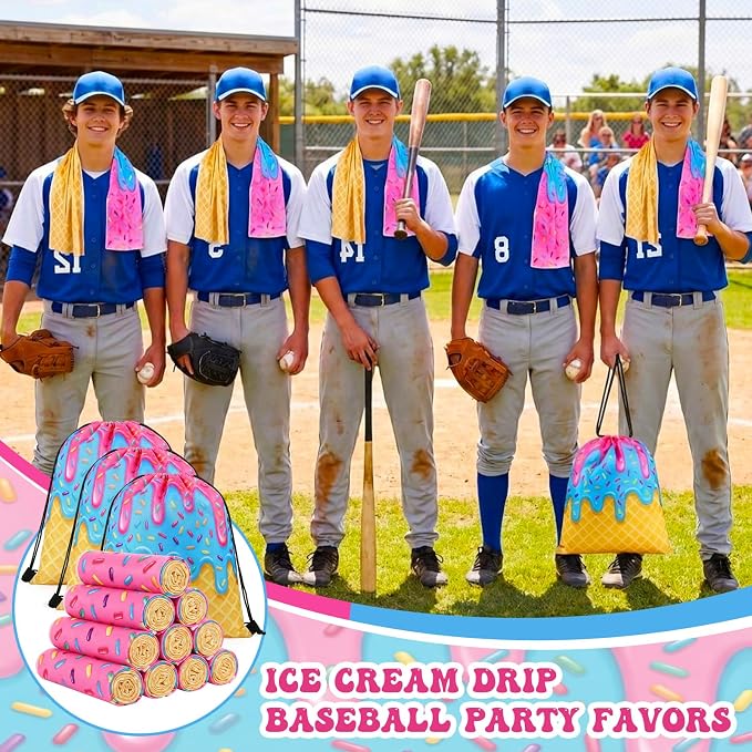 Peryiter 24 Pcs Ice Cream Drip Baseball Party Favors 12 Cooling Towels 12 Drip Drawstring Bags Bulk Sport Gifts for Teams Summer Camping Yoga Running Supplies, Chilly and Absorbent(Basic)