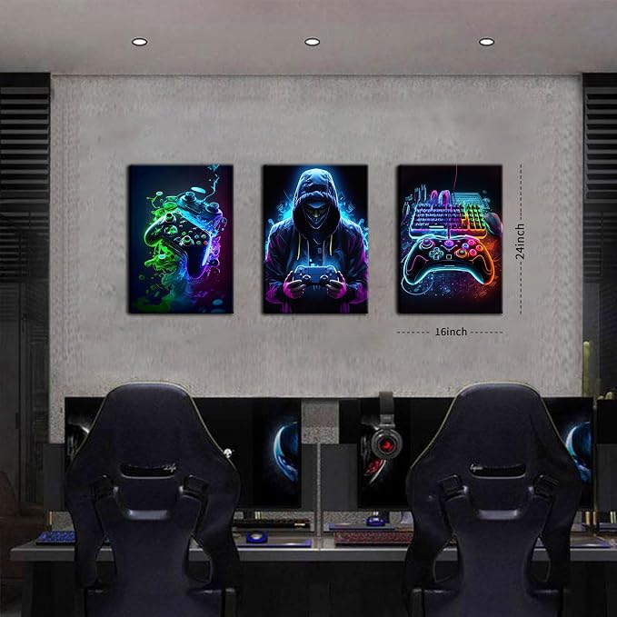BGFCE Cool Gaming Canvas Wall Art Set of 3, Retro Video Game Watercolor Poster Pictures, Neon Gamepad Gamepad Painting Prints Game Room Bedroom Wall Decor 16x24 in Framed