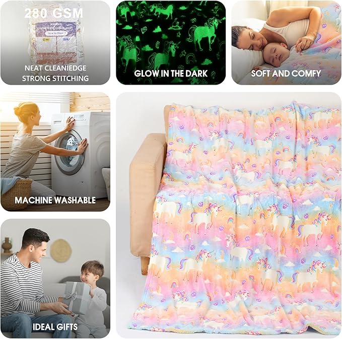 Glow in The Dark Blanket Unicorns Gifts for Kids, Soft Unicorns Blanket Gift Toys for Toddler Girls Age 2-16 Birthday Christmas 50""x60"", A0003