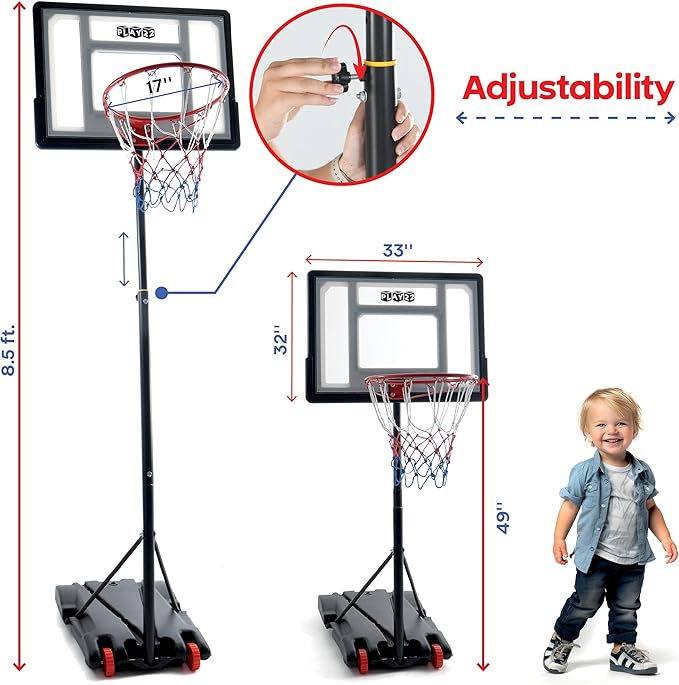 Kids Basketball Hoop Outdoor - 33 inch Backboard, 70-84in Adjustable Height, Portable Basketball Hoops & Goals for Kids/Teenagers/Youth in Backyard/Driveway/Indoor - Fillable Base