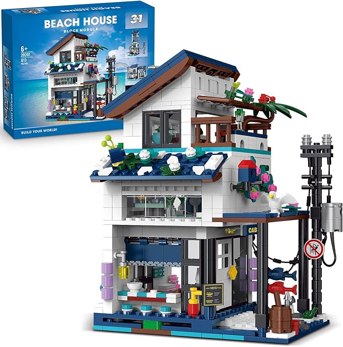 3 in 1 City House Building Sets,Creative Modern House with Light,Seaside Beach Villa Japanese Style Cottage Friends Vacation Hut Building Blocks Toys for Kids Ages 6+