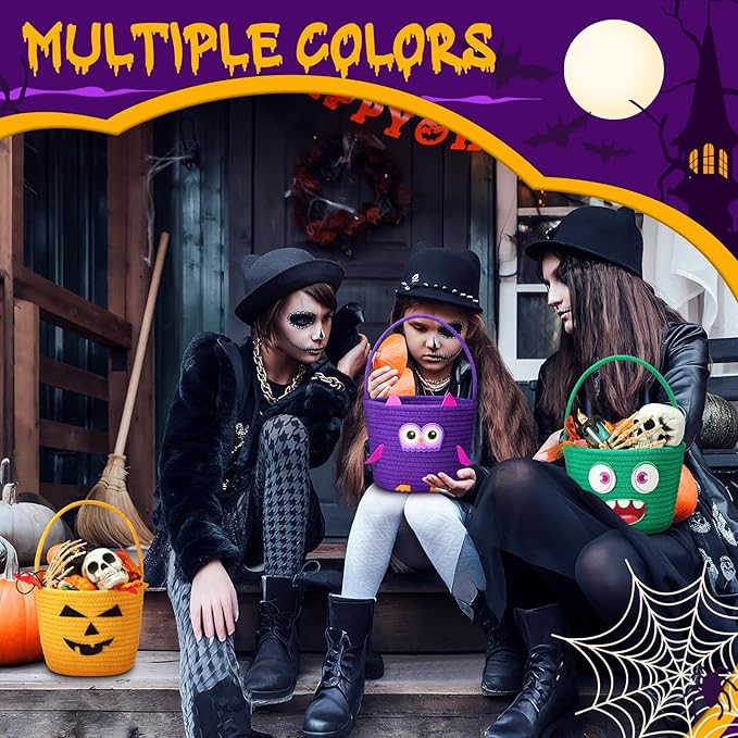 Halloween Basket with Handle Cute Bucket Cotton Rope Woven Candy Server Bag Pumpkin Witch Cat Pig Storage Basket for Halloween Party Favor(Owl,Purple,1 Pack)