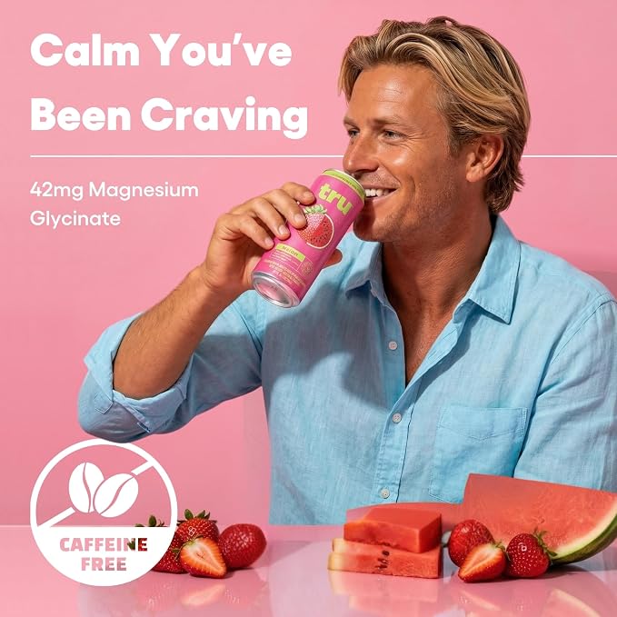Tru Calming Drink, Magnesium Glycinate Sparkling Water with Real Fruit Juice, Strawberry Melon Flavored Seltzer, Caffeine Free, No Added Sugar, Keto, Vegan, Kosher, Gluten Free, 12 Fl Oz (Pack of 12)