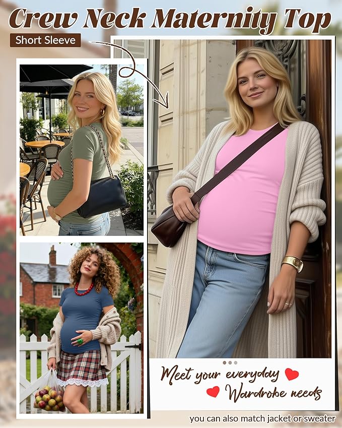 Huukeay 4 Pack Women's Maternity Shirts, Crew Neck Maternity Top Short Sleeve Casual Cotton Tee Side Ruched Pregnancy Clothes