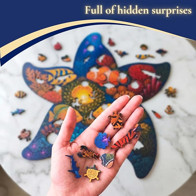 Goldbird Premium Wooden Puzzles for Adults - 300 Piece Wood Puzzles - Relaxation & Brain Training - Whimsical Pieces - Premium Gift Box - Starfish Jigsaw Puzzle - 16.4 × 16.4 in