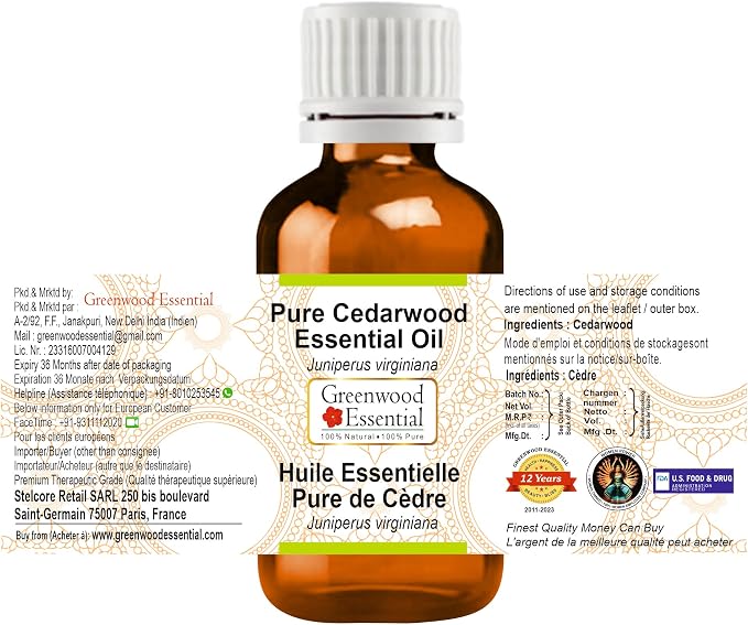 Greenwood Essential Pure Cedarwood Essential Oil (Juniperus virginiana Steam Distilled 5ml (0.16 oz)