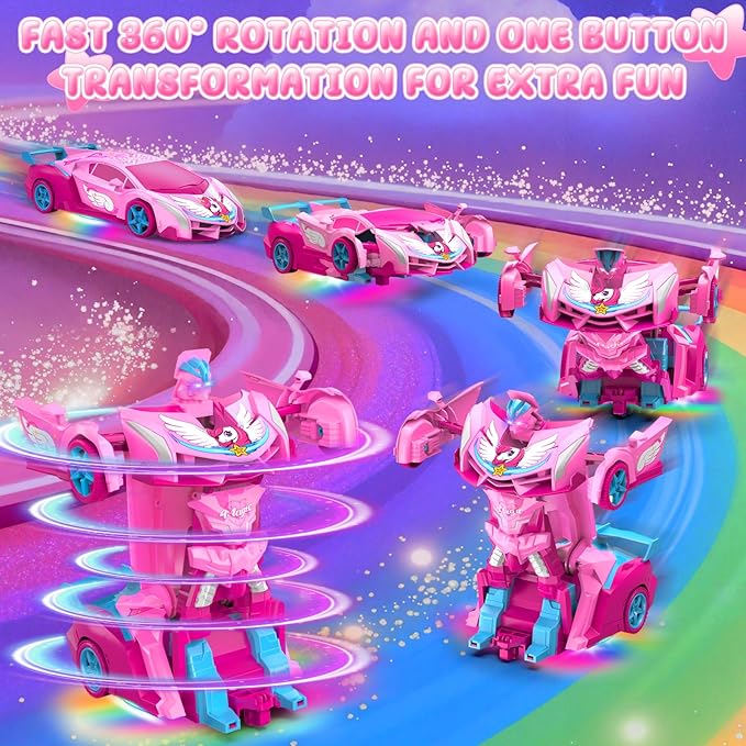 Unicorn Transform RC Cars for Girls Toys with Rainbow Eyes & Underbody Lights, Fast 360°Rotation & 2.4GHz Robot Remote Control Car One-Button Deformation,Stocking Stuffers for 3-12 Year Old Girl Gifts