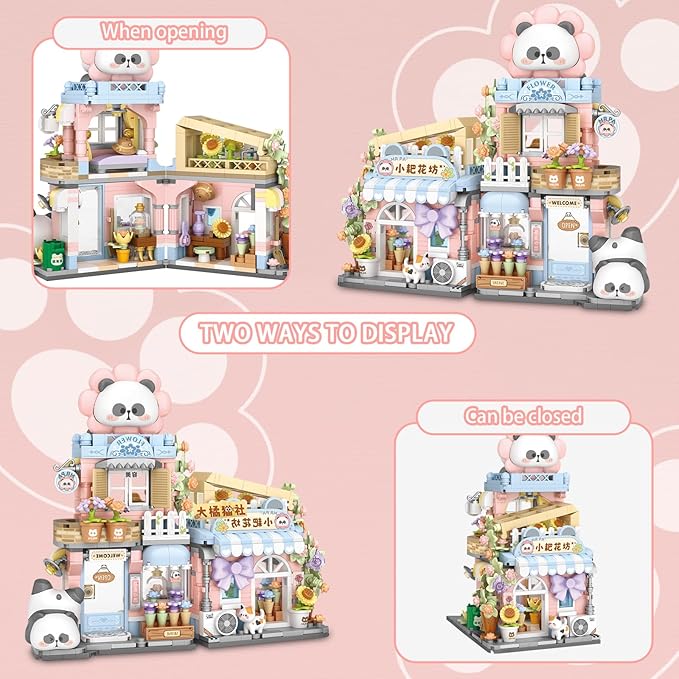 Cute Panda Mini Building Blocks Set, 810PCS MOC Mini Architecture Building Kits with Flower Shop Street View Design - STEM Educational Construction Gift for Girls Boys Kids Adults