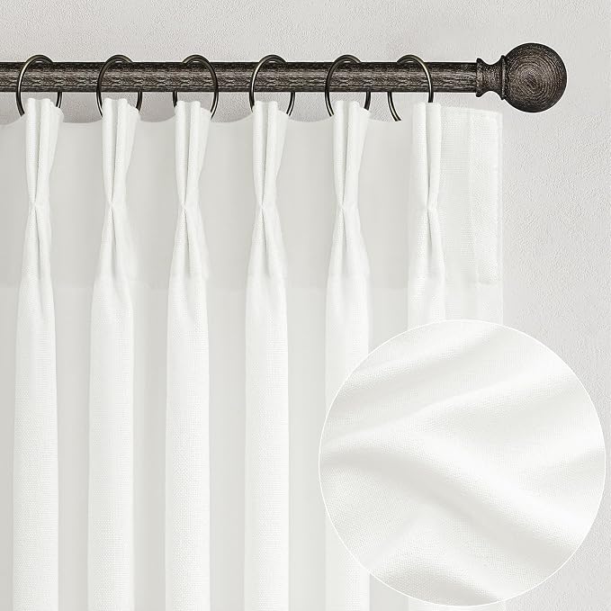 Extra Long Pinch Pleat Snow White Semi Sheer Curtains 108 Inches Long for Living Room, Luxury Linen Blend Viral Drape Light Filtering Privacy Floor to Ceiling Dining Room Curtain Back Tab Panels 2 Set