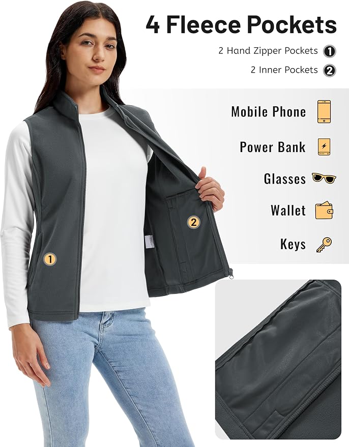 TACVASEN Women's Fleece Vest Lightweight Sleeveless Zip Jacket Outerwear | Soft Polar,Zipper Pockets,Stand Collar,Fall Winter Warm,Outdoor,Athletic,Running,Hiking,Travelling,Golf,Work