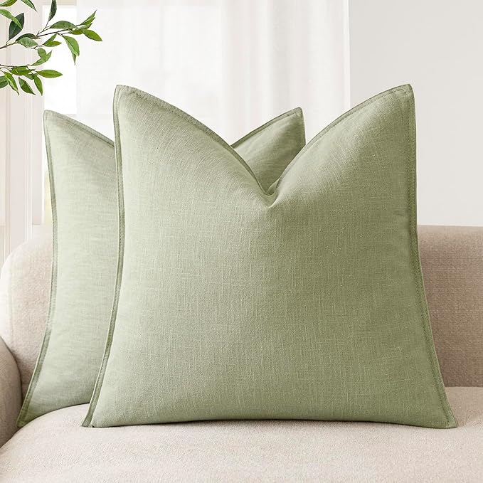 Foindtower Pack of 2, Decorative Linen Solid Throw Pillow Covers Soft Accent Cushion Case Boho Farmhouse Pillowcase for Chair Couch Sofa Bedroom Living Room Home Decor 16 x 16 Inch Light Sage Green