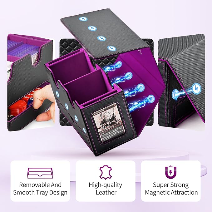 UAONO Card Deck Box for MTG, Double Card Storage Box with 2 Commander Display & 1 Dice Tray, Fits 200+ Double Sleeved Cards, Organizer for CCG TCG Sports Cards (Black Purple)