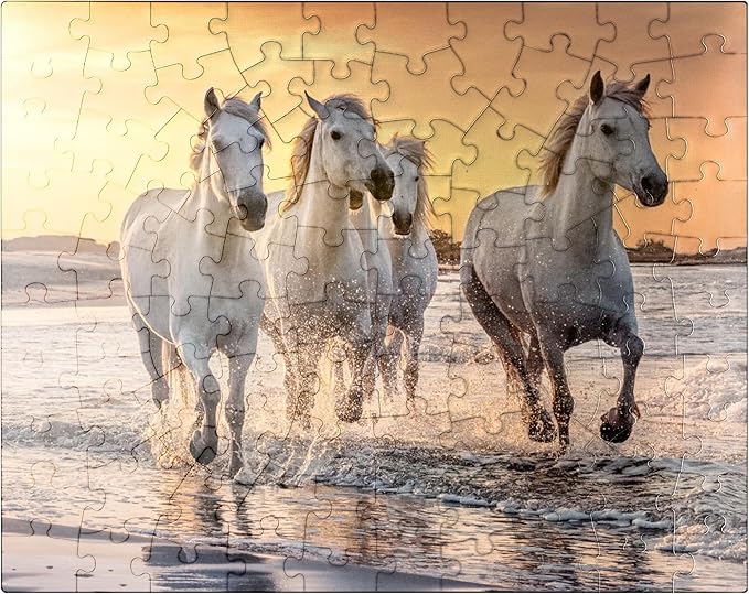 MyPuzzle White Camargue Horses Galloping On A Beach in France - Premium 100 Piece Jigsaw Puzzle for Adults
