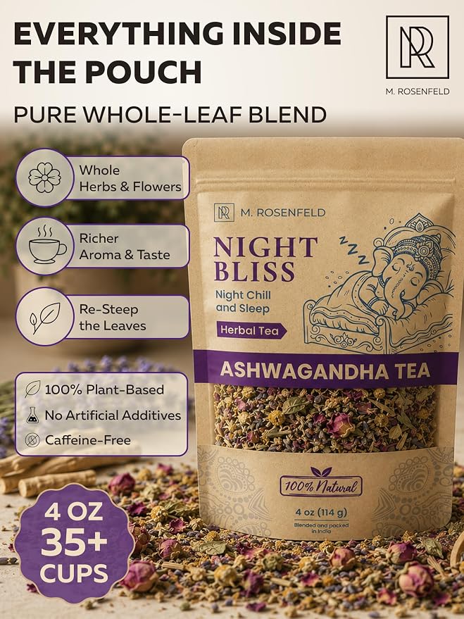 Night Bliss Tulsi Ashwagandha Tea Loose Leaf - Evening Ritual Herbal Blend for Sleep Support & Relaxation - Caffeine Free with Holy Basil, Chamomile, Lemongrass & Lavender, 4 oz