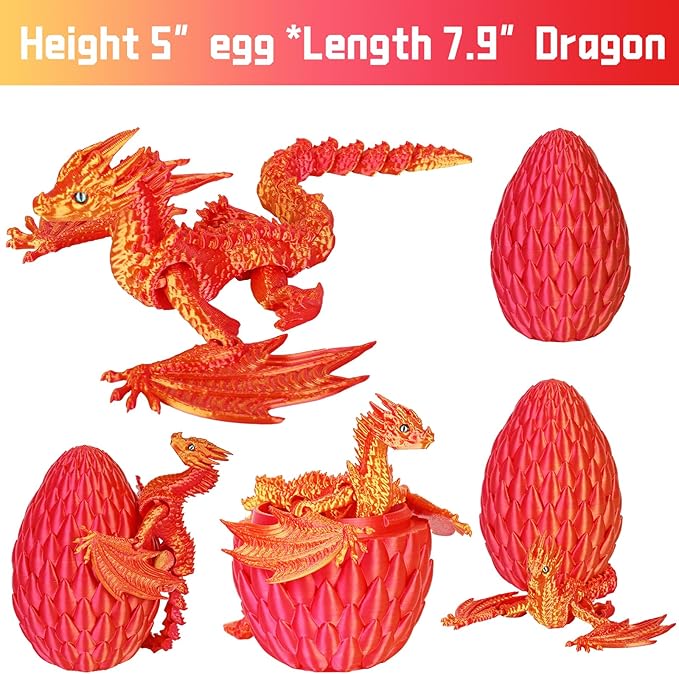 3D Printed Dragon,Flying Mystery Easter Egg Articulated Dragon,3D Printed Crystal Dragon with Wings,3D Dragon Eggs with Dragon Inside,Adults Fidget Toys for Autism ADHD (Red Gold Pro)