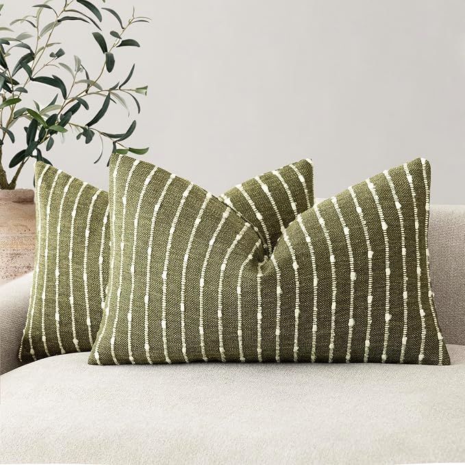 Foindtower Pack of 2 Decorative Jacquard Boucle Lumbar Throw Pillow Covers Accent Textured Striped Pillowcases Cozy Boho Cushion for Couch Sofa Bedroom Living Room Home Decor 12x20 Inch Olive Green