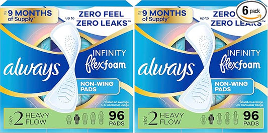 Always Infinity Feminine Pads for Women, Flexfoam Pads Without Wings, Size 2, Heavy Absorbency, Unscented, 96 Count (Pack of 2)