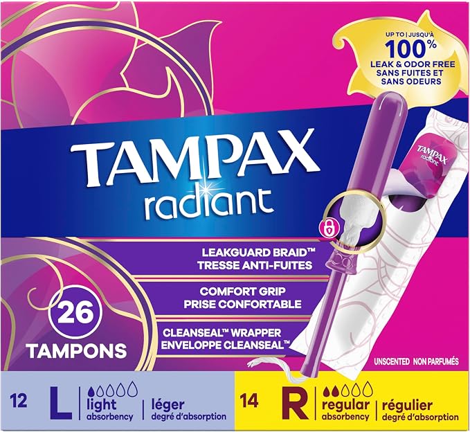 Tampax Radiant Tampons Multipack, with LeakGuard Braid, Light/Regular Absorbency, Unscented, 26 Count, Packaging May Vary