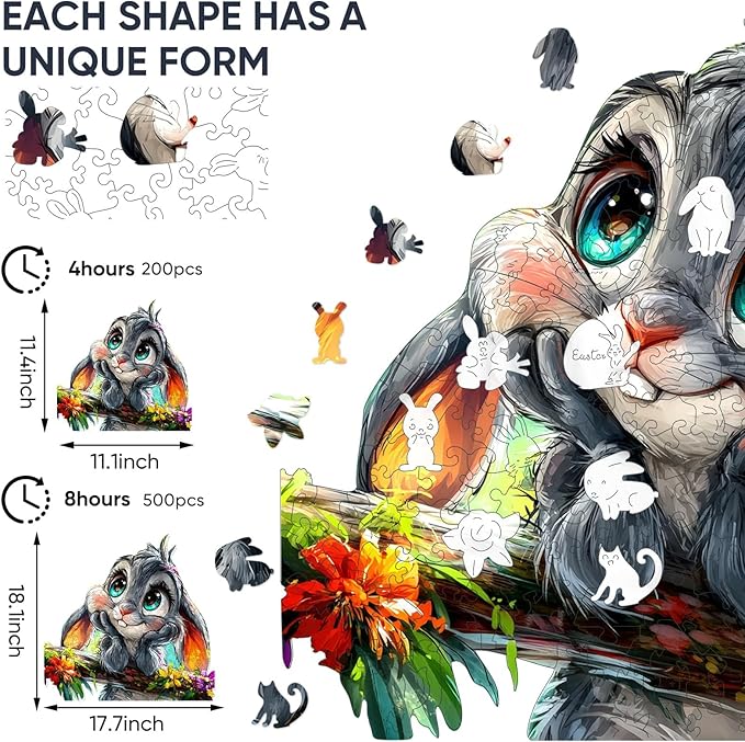 Qiuenisray Easter Wooden Puzzles for Adults, Rabbit Jigsaw Puzzles 200 Piece, FSC Certified Royal Unique Shape Animal Wood Puzzle, Creative Gift for Family Game 11.1x11.4 in