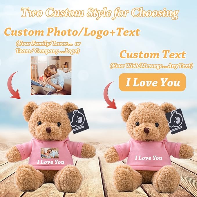 Personalized Teddy Bear Stuffed Animal, Stuffed Bear Plush with Customized Text+ Picture as Personalized Gifts for Girlfriend/Boyfriend on Valentines Day/Birthday/Christmas Day (12 in-Pink)
