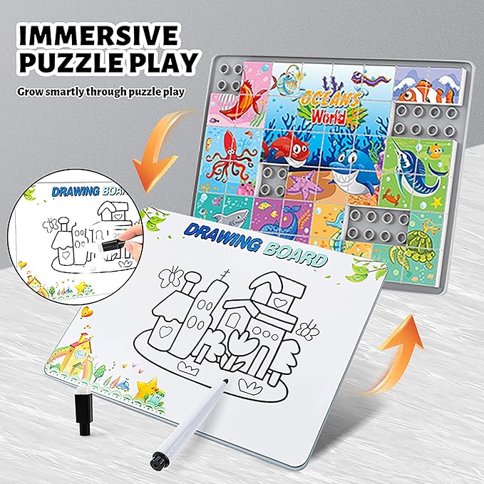 Anzikfoy 48 Piece Toy Building Jigsaw Puzzle Sets, 2 in 1 Ocean Theme Boys Girls Puzzles Building Block with Reusable Drawing Board Set for Toddlers Ages 1-3 and Kids 3+ Year Old