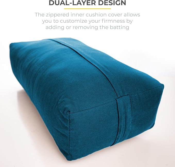 Extra Firm Large Yoga Bolster, 24" x 12" x 6" Cinched OR Zippered Yoga Pillow, Rectangular Cotton Cushion With Removable Cover for Studios, 1 Pack or 2 Pack