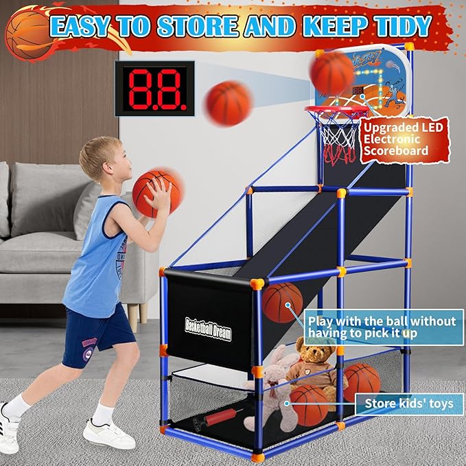 LED Arcade Basketball Game Set w/Electronic Scoreboard for Kids, Boy Toys Basketball Hoop with 4-5 Balls for 3-12 Years Old, Adjustable Height w/Pump & Storage Net for Indoor Outdoor Sports Play