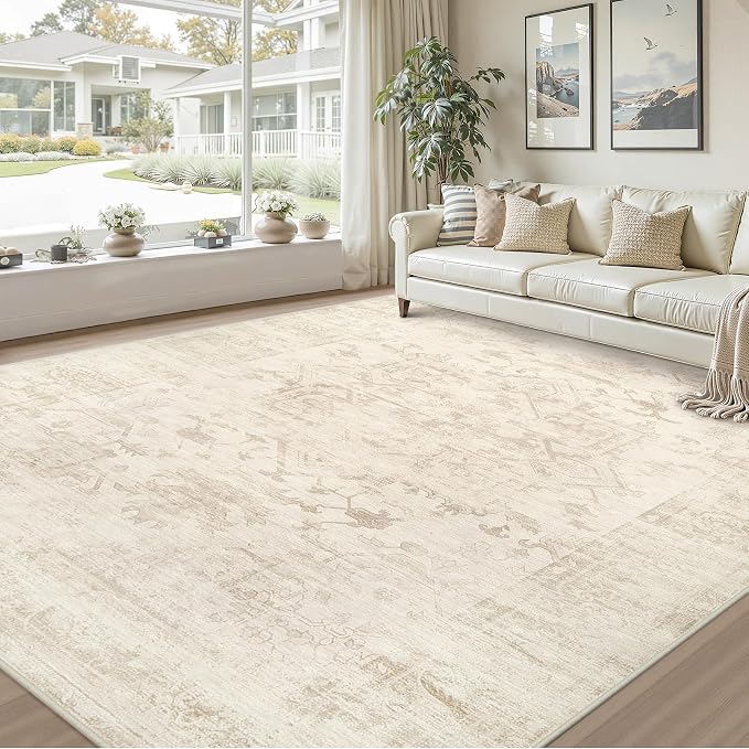 10x12 Area Rug for Living Room: Vintage Boho Neutral Washable Rug Indoor Soft Large Area Rug Carpet for Bedroom Nursery Farmhouse Dining Room Office Floor Non-Slip Low Pile Under Table Rug Beige/Brown