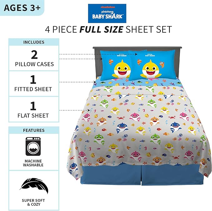 Franco Kids Bedding Super Soft Microfiber Sheet Set, Full, Baby Shark