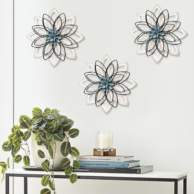Remenna Metal Flowers Wall Decor, Metal Rustic Wall Art Decoration Farmhouse Wall Decorations Multiple Floral Hanging Decor for Bathroom Living Room Home Office Garden Kitchen (white & blue)