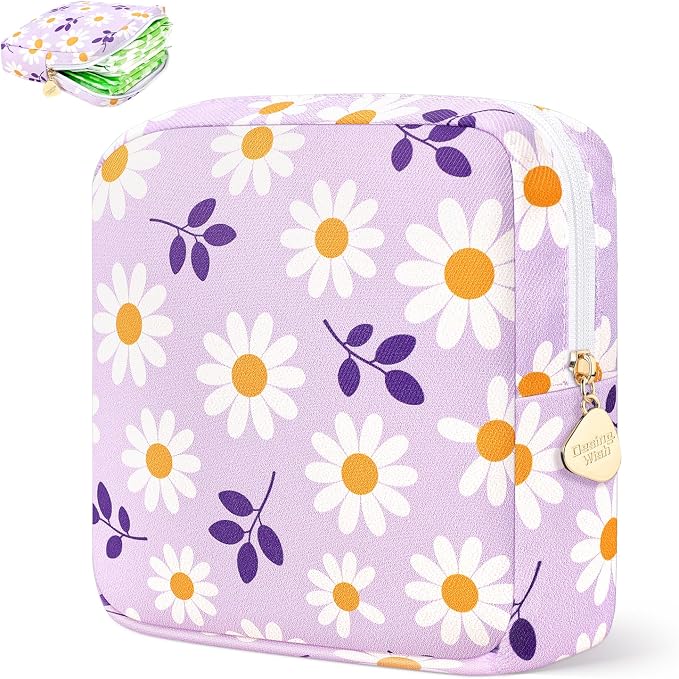 Sanitary Pad Storage Bag Portable Period Bag for Teen Pads/Sanitary Napkins/Small Tampons, Sanitary Napkin Storage Bag First Period Gifts for Teen Girls (Purple Daisy)