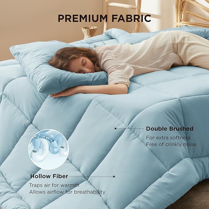 Bedsure Comforter Duvet Insert - Quilted Comforters Twin XL Size, All Season Duvet, GentleSoft Down Alternative Bedding Blanket, with 8 Tabs, Gifts for Women/Men, Light Spa Blue, Twin XL 92x68 Inches