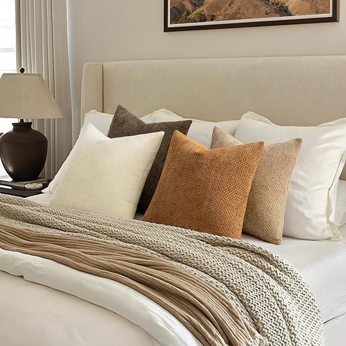 MIULEE Soft Decorative Chenille Fall Pillow Covers Brown 18x18 Pack of 4 | Rustic Home Decor, Layered Brown Collection, Couch Throw Pillows, Farmhouse Boho Cushion Covers for Sofa Bed Living Room