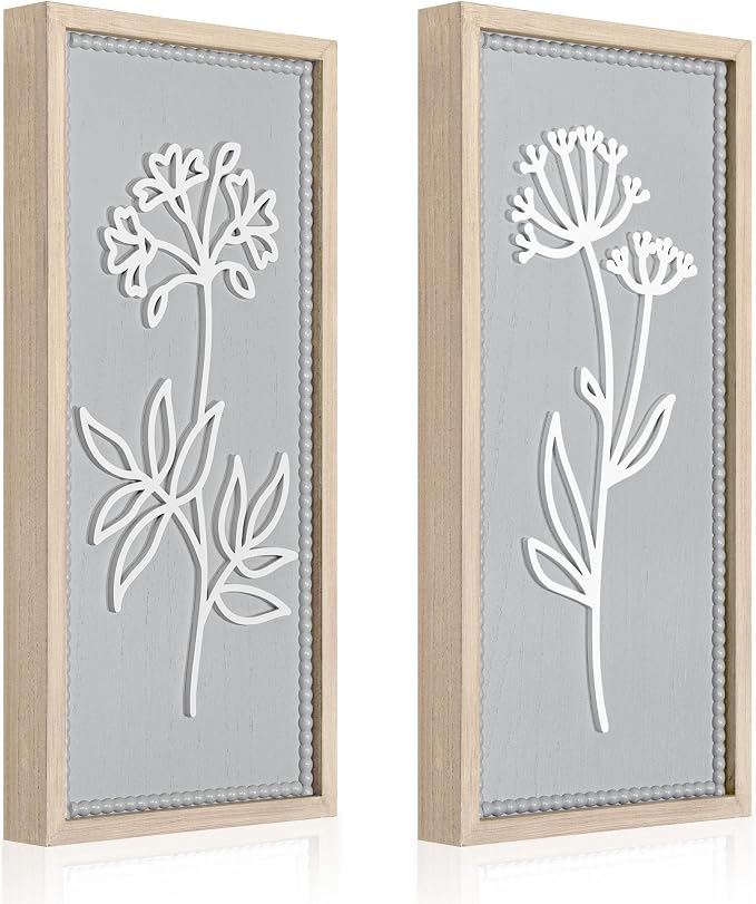 Gray Bathroom Wall Decor Set of 2, Rectangular 3D Wooden Floral Wall Art | Raised white floral cutouts in rectangular frames, ready to hang; neutral boho farmhouse decor for bedroom and hallway walls