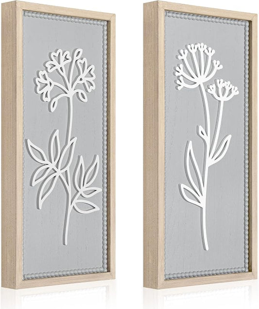 Gray Bathroom Wall Decor Set of 2, Rectangular 3D Wooden Floral Wall Art | Raised white floral cutouts in rectangular frames, ready to hang; neutral boho farmhouse decor for bedroom and hallway walls