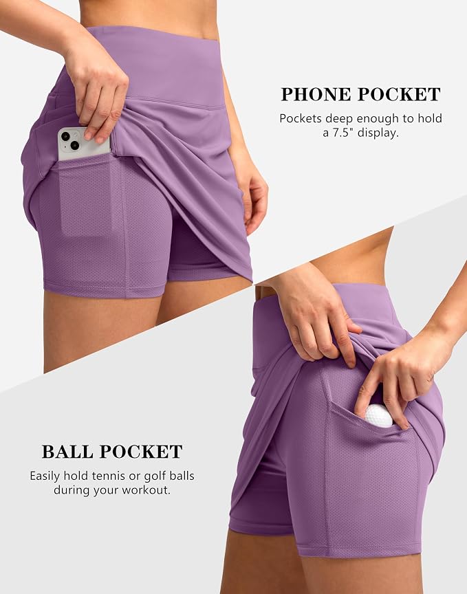 Women's Golf Skirts Skort 4 Side Pockets High Waisted Stretchy Tennis Skirt | Silky Soft, Lightweight, Breathable, Built-in Mesh Shorts, High Waisted, Elastic waistband, Moisture-Wicking, Athletic