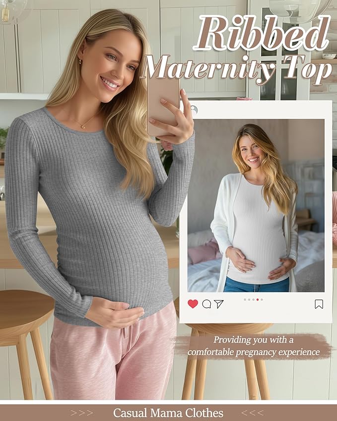 Huukeay 4 Pack Women's Maternity Shirts, Long Sleeve Cotton Ribbed Pregnancy Tops Side Ruched Crew Neck Casual Mama Clothes