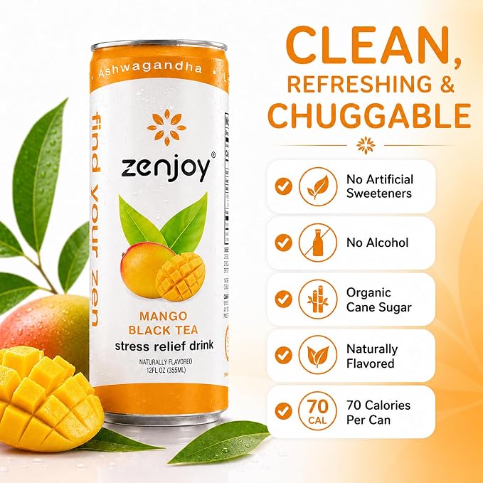 Zenjoy Adaptogen Drink Stress Relief Tea | Non Alcoholic Calming Drink w/Ashwagandha, Lemon Balm & L-Theanine for Focus | Stress Tea Calming Social Mocktail with Adaptogens (12 Pack, Mango)